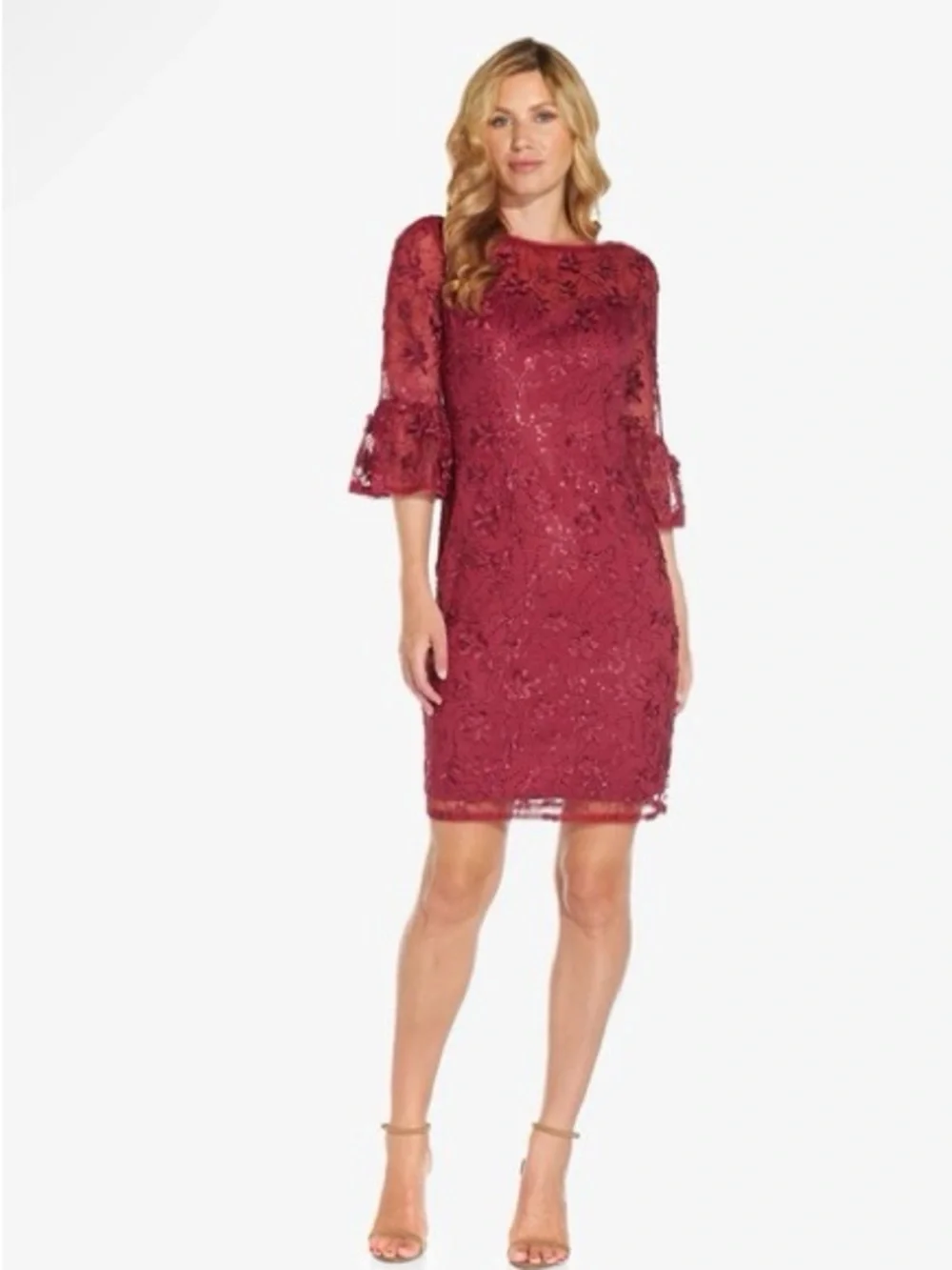 Adrianna Papell Floral Sequin Embroidered Lace Cocktail Dress 2 Pink Bell Sleeve - Picture 2 of 14